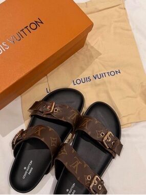 Louis Vuitton Brown Monogram Double-Strap Slide Sandals with Black Footbed